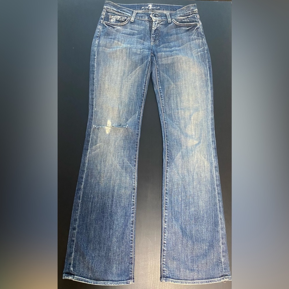 7 For All Mankind low rise boot cut distressed jeans, size 30